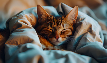 Cute ginger cat sleeps on the bed under the blanket in the morning.の素材