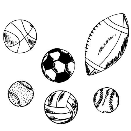 hand drawn illustration of types of balls for sports games, set, doodleのイラスト素材