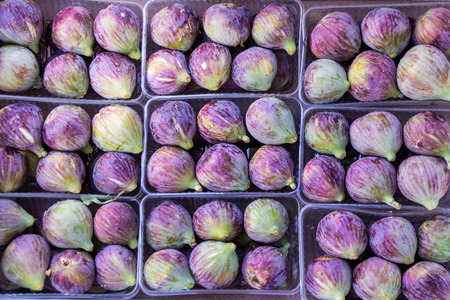 Ripe figs in boxes for sale in the market. Horizontal. Top view.の写真素材