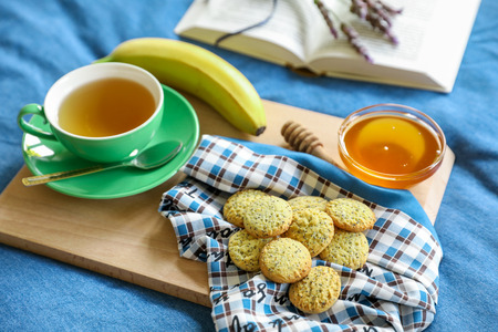 Tasty breakfast in bed concept.の写真素材