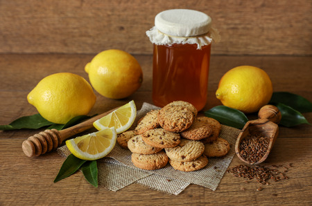 Natural buckwheat cookies with flax seeds, honey and lemon.の写真素材