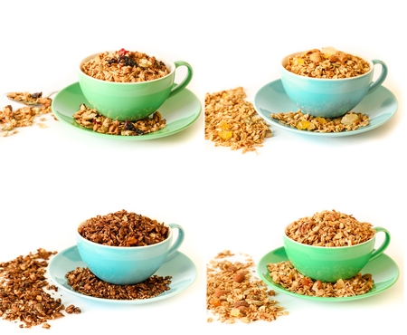 Collage of 4 different types of granola chocolate, eastern, hawaiian and berry isolated on white background. Horizontal.の写真素材