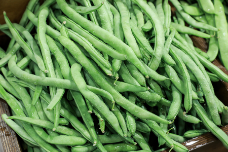 Fresh fresh green beans in the grocery shop. Horizontal.