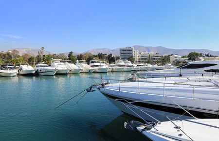 Summer time beautiful yachts moored in Glyfada port, Athens, Greece. Horizontal.の写真素材