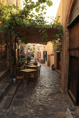 Beautiful street inside of the medieval castle town of Monemvasia, Peloponnese, Greece, June 2018. Vertical.の写真素材