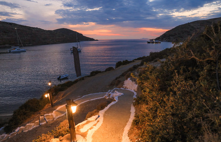 Beautiful evening in Kolona double bay Kythnos island, Cyclades, Greece.の写真素材