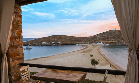 Beautiful beach of Kolona double bay Kythnos island, Cyclades, Greece.の写真素材
