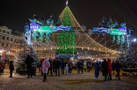 Kyiv, Ukraine - December 23rd, 2020: People celebrate on New Years Eve on St. Sophia Square.のeditorial素材