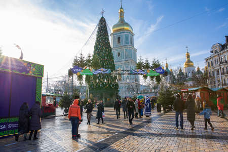 Kyiv, Ukraine - December 26th, 2020: People celebrate on New Years Eve on St. Sophia Square.のeditorial素材