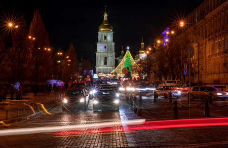 Kyiv,Ukraine-December 26th,2020:Amazing view of the St.Sophia Square with main Christmas tree of Ukraine at night light.のeditorial素材