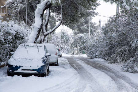 Beautiful winter morning snow covered streets of Athens, Greece, 15th of February 2021.の写真素材