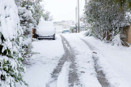 Beautiful winter morning snow covered streets of Athens, Greece, 15th of February 2021.の写真素材