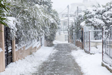 Beautiful winter morning snow covered streets of Athens, Greece, 15th of February 2021.の写真素材