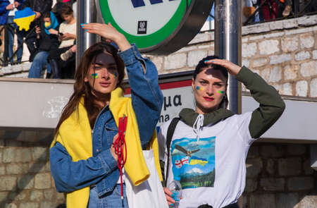SYNTAGMA SQUARE, ATHENS, GREECE - February 27th, 2022: Georgian girls came to support Ukrainians in...