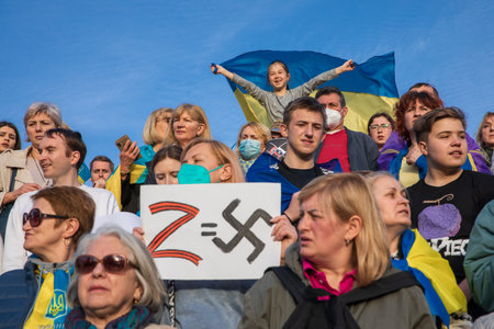 SYNTAGMA SQUARE, ATHENS, GREECE - April 3rd, 2022: People protest against the WAR in UKRAINE. Worldwide protection of Ukraine. Horizontal.のeditorial素材