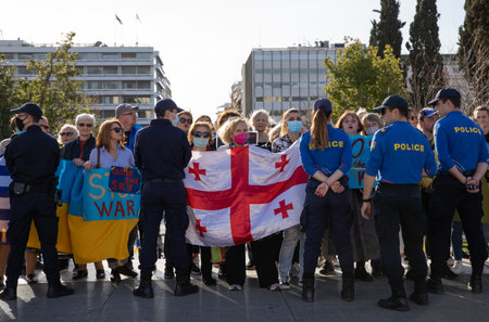 SYNTAGMA SQUARE, ATHENS, GREECE - April 3rd, 2022: Georgians came to support Ukrainians in a protest...
