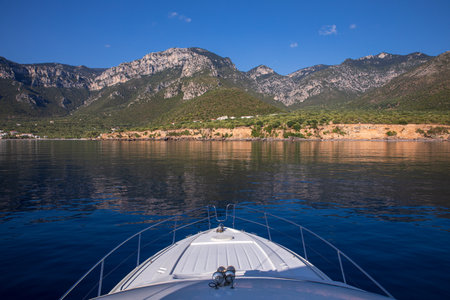 Amazing landscape of Agia Kyriaki beach, Kyparissi Laconia, Peloponnese, Zorakas Bay, Greece in summer view from sea.の写真素材