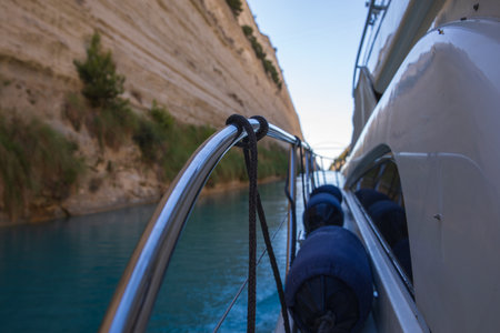 Passing through the Corinth Canal by yacht, Greece.の写真素材