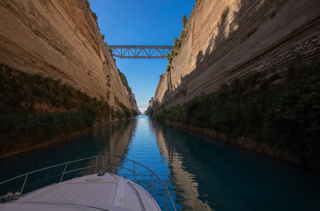 Passing through the Corinth Canal by yacht, Greece.の写真素材