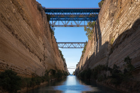 Passing through the Corinth Canal by yacht, Greece.の写真素材