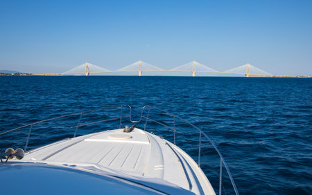 The Rio-Antirrio Bridge or Charilaos Trikoupis Bridge, photo taken from the yacht.の写真素材