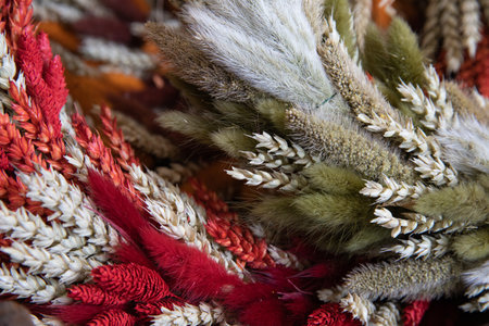 Easter door wreaths made of colorful dry rabbit bunny tales grass and ears of wheat in greek florist shop for sale.の写真素材