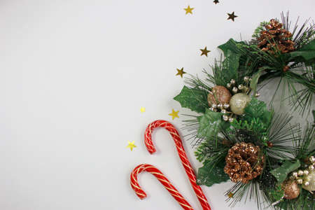 Christmas and New Year holiday background. Christmas gifts on white background top view. Flat layの写真素材
