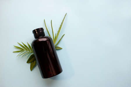 Glass bottles of shampoo of body care cosmetics over Natural background, organic cosmetic products with copy space.の写真素材