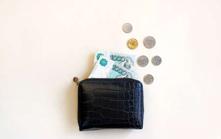 Russian rubles in the wallet on background. Thousand notes and various coins. Place for text. Copy...
