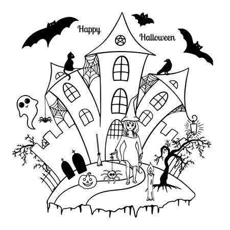 Halloween castle. Happy Halloween. Cartoon Halloween vector landscape. Night, castle, moon, bats, cat, raven, pumpkin, spider, web, lantern, ghost, witch, cemetery, graves.のイラスト素材