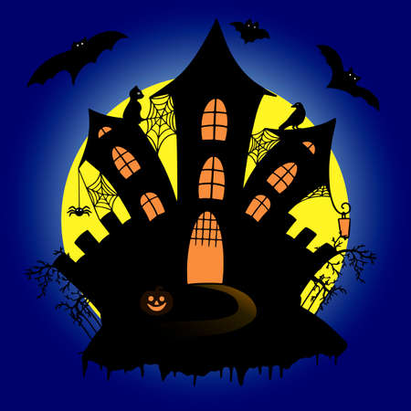 Halloween castle. Cartoon Halloween vector landscape. Night, castle, moon, bats, cat, raven, pumpkin, spider, web, lantern.のイラスト素材