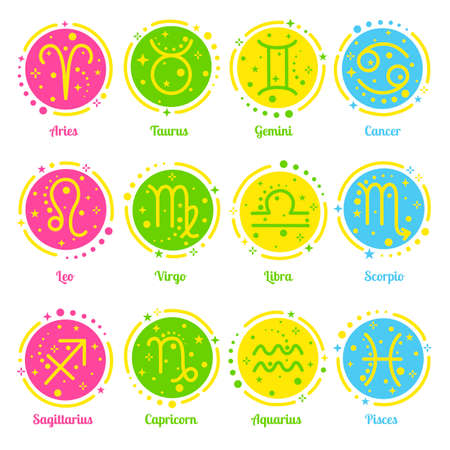 Zodiac signs icons. Vector astrological signs of the zodiac: Aries, Taurus, Gemini, Cancer, Leo, Virgo, Libra, Scorpio, Sagittarius, Capricorn, Aquarius, Pisces. Horoscope constellations symbols.のイラスト素材