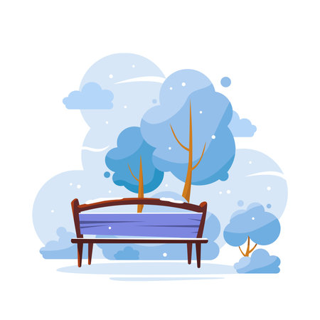 A bench in the park in winter. Flat illustrationのイラスト素材