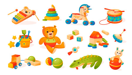 Children's toys collection. Teddy bear, ball, cubes, wooden toys. Cartoon styleのイラスト素材