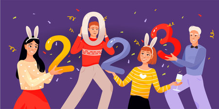 People holding 2023 New Year numbers in hands. Happy people celebrating the beginning of the new year. Cartoon vector illustrationのイラスト素材