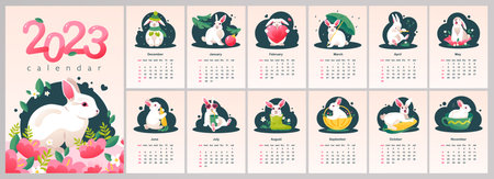 Calendar 2023, The Year of the Blue Water Rabbit. Week starts on Sunday. Cute white rabbit. vector calendarのイラスト素材