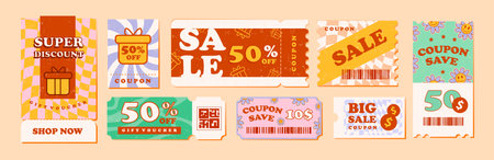 Discount coupons, tickets, gift vouchers in a retro groovy style. vector templateのイラスト素材