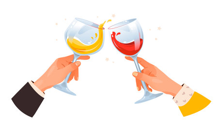 Glass with spirit in hands. Hands holding wine and champagne in glasses. Cheers or drinking toast. cartoon vector illustrationのイラスト素材