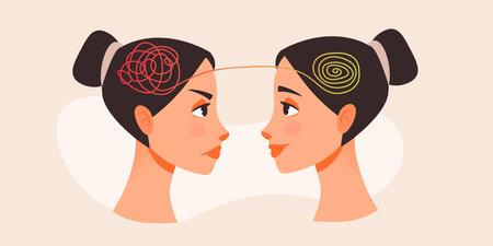 Complex messy connected lines as concept of chaos solving. Human heads with tangled chaos disorder turns into order line, finding solution. vector illustrationのイラスト素材