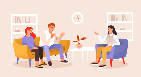 psychological help. A married couple in a session with a psychotherapist solve problems. mental health. Session with a psychologist. cartoon vector illustrationのイラスト素材