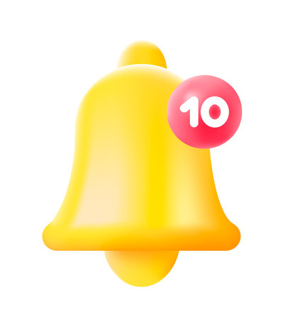 Notification bell icon 3d isolated on white background. 3d render yellow ringing bell with new notification for social media reminder. realistic vector iconのイラスト素材