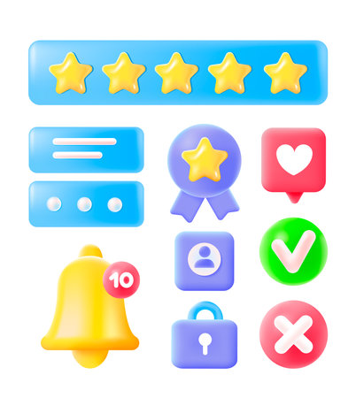 3d social media icons. Symbols of digital marketing. Like button, satisfaction rating, speech bubble, notification bell. vector iconsのイラスト素材