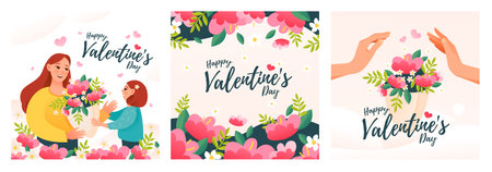 Valentine's day. A child gives a bouquet of flowers to his mother for Valentine's Day. A set of cute holiday cards. cute cartoon vector illustrationのイラスト素材