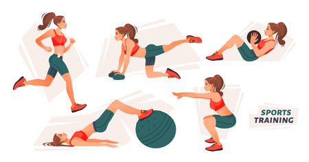 A girl in sportswear does exercises. The girl is engaged in sports and fitness. sports training. cartoon vector illustration.のイラスト素材