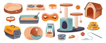Cat accessories set. Bed, food, toys, scratching post and house for a pet. cartoon vector illustrationのイラスト素材