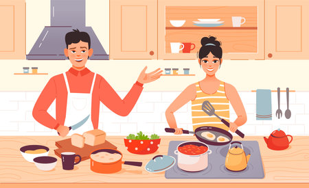 kitchen cooking. A young couple cooks together in a home kitchen. Flat vector illustration.のイラスト素材