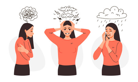 Sad woman cry, get angry, feel stressed. A frustrated woman with problems. Stress Awareness. mental health. Flat modern vector illustration.のイラスト素材