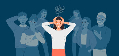 stress management. A frustrated girl stands in a crowd of condemning people. Social depression, mental burnout and anxiety. Flat vector illustration.のイラスト素材