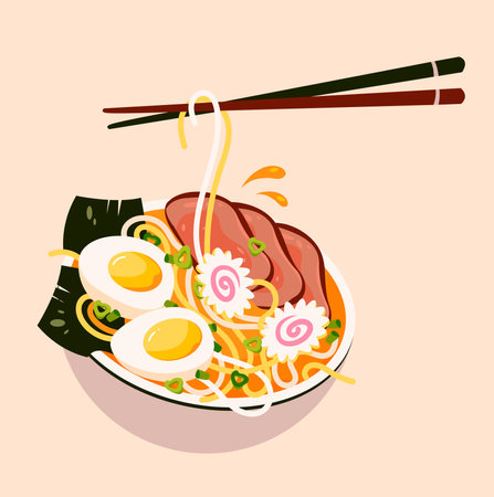 Ramen, Japanese dish with wheat noodles and eggs. Asian food. vector illustrationのイラスト素材