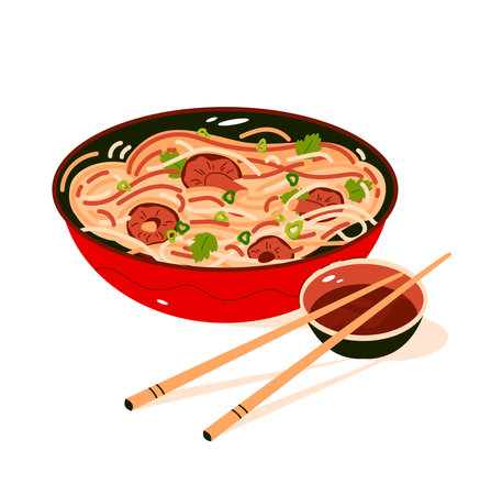 Funchoza noodles, glass chinese noodles. A dish of Asian cuisine. vector illustration.のイラスト素材